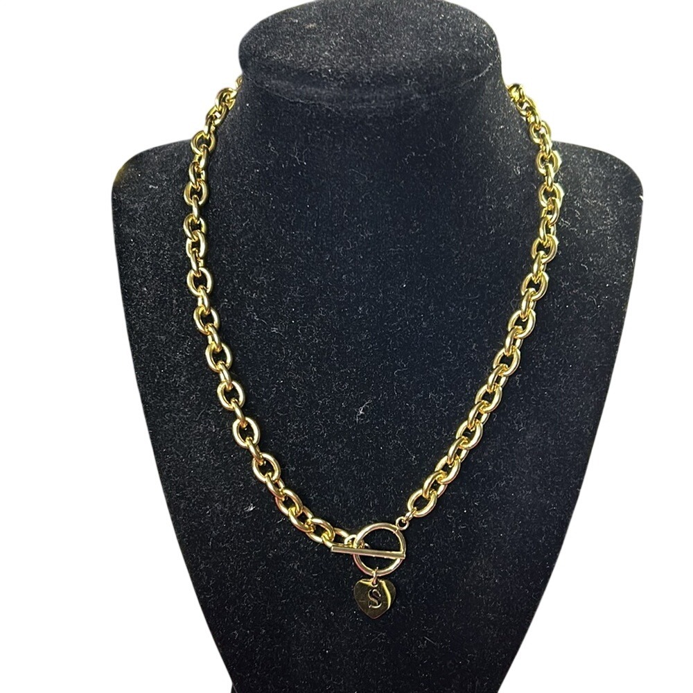 Gold Tone Toggle Clasp Heart Charm Initial S Necklace For Women